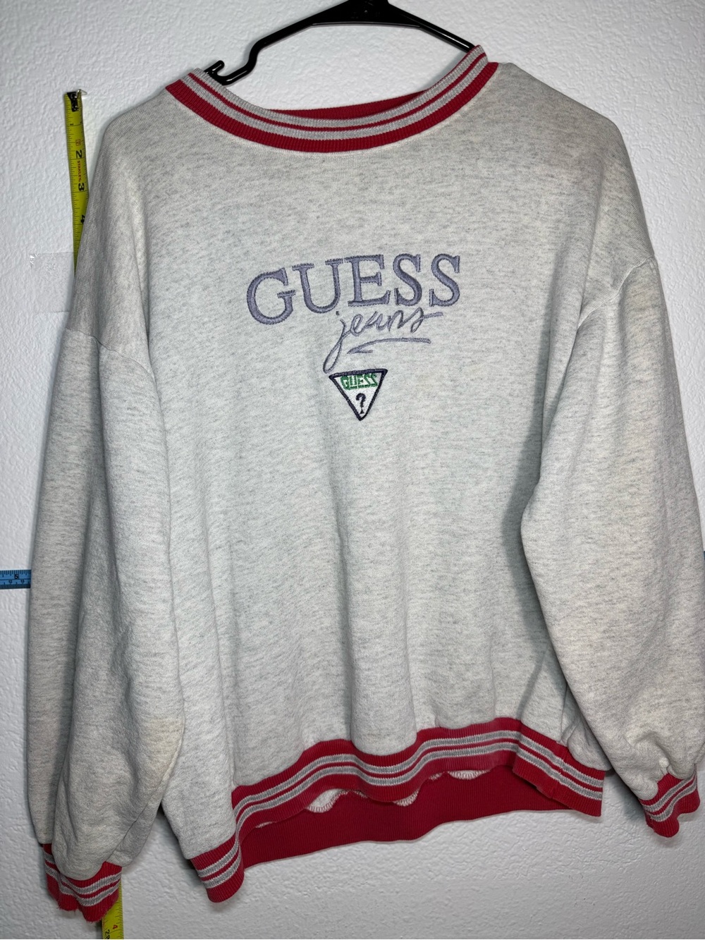 Guess Light Gray Crewneck Sweater with Red Trim